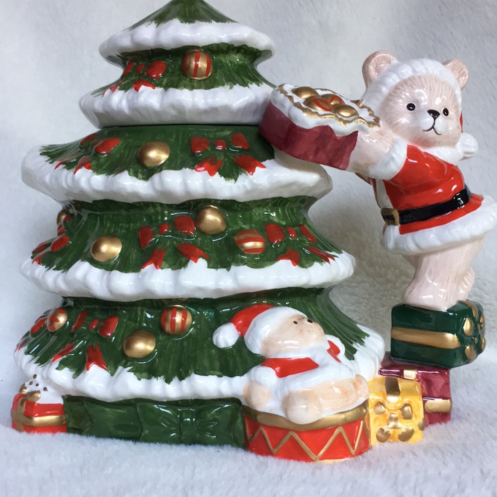 World Bazaar Cute Teddy Bear in Santa Suit Christmas Tree teapot hand painted